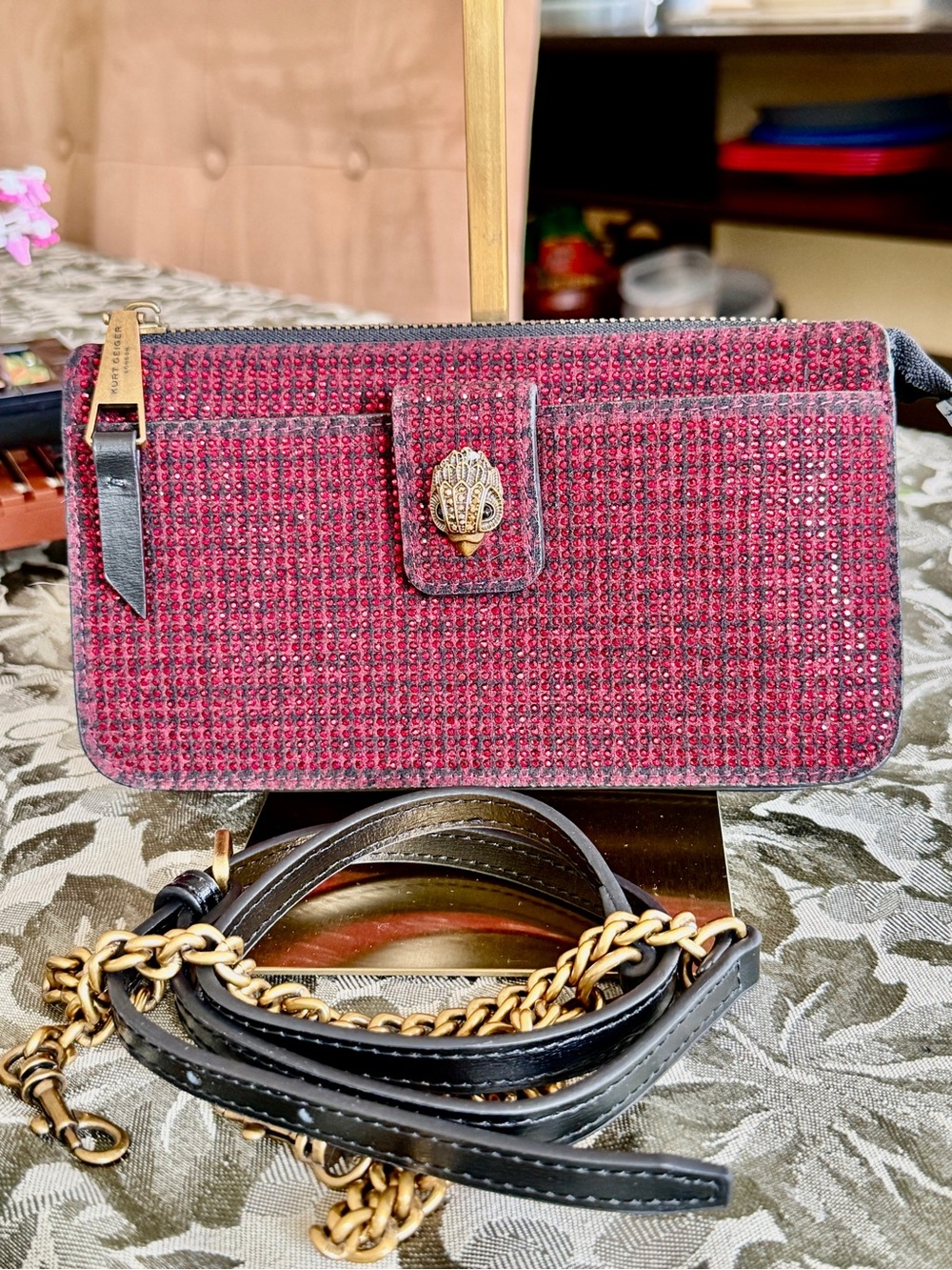 Kurt Geiger London Kensington crystal-embellished wallet on chain EUC